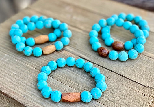 Large Turquoise Magnesite Stone with Wood Bead