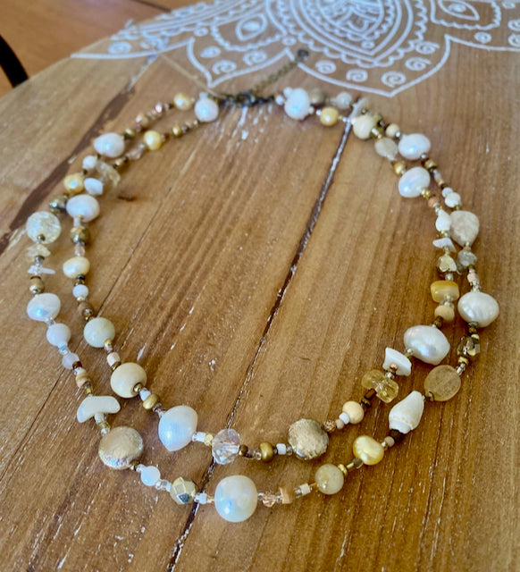 Freshwater Pearls, Shells, Glass, Wood & Gold Beads