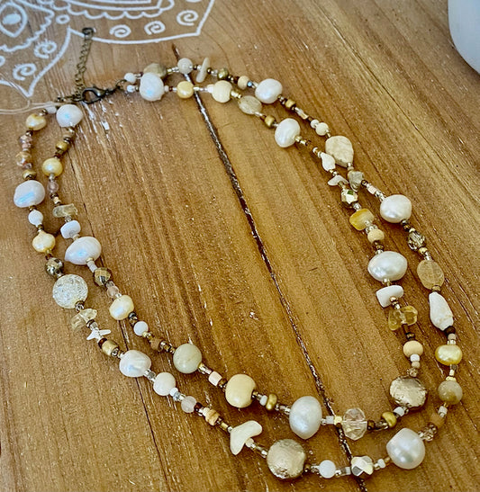 Freshwater Pearls, Shells, Glass, Wood & Gold Beads